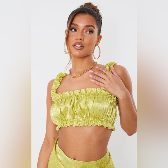 PRETTY LITTLE THING Lime Green Satin Frill Hem Crop Top & Tie Waist Wrap Skirt - Picture 2 of 14